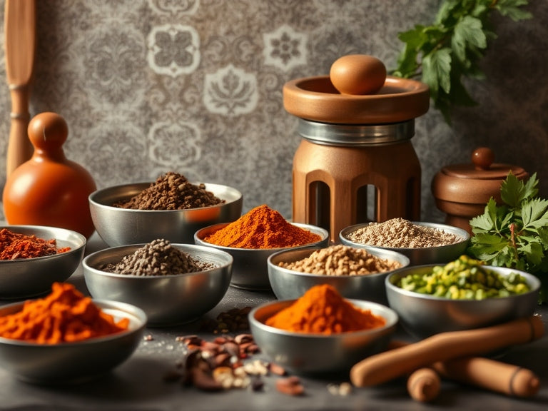 Spices in bowls on a counter top